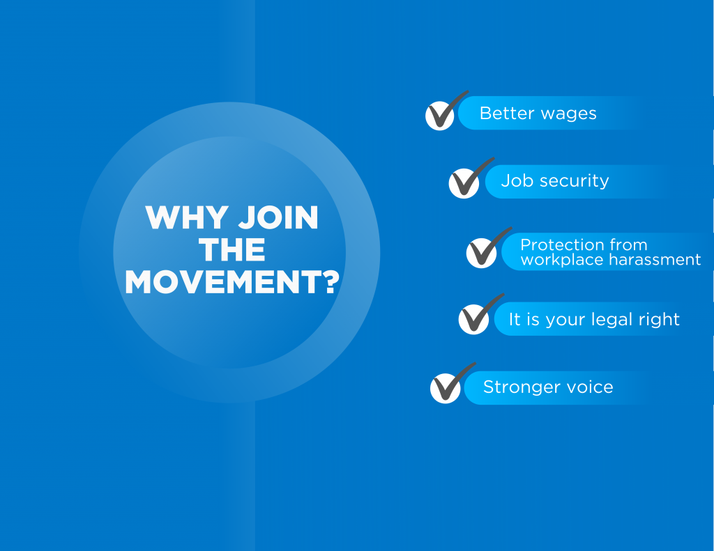 Image displaying the words "why join the movement?" and listing the benefits of joining our union