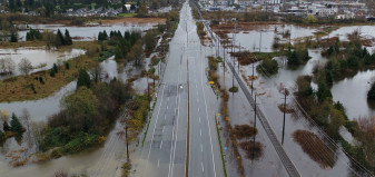 Aerial view of BC highway suffering from flood.