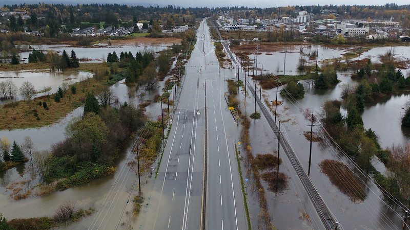 Aerial view of BC highway suffering from flood.