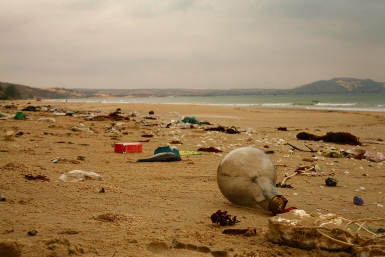 Garbage strewn across a beach