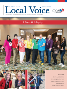 Cover of Summer Fall 2022 Local Voice magazine features nine people posing wearing colours corresponding with a Pride rainbow