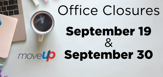 Desk with laptop and coffee cup with text reading: Office Closures September 19 & September 30