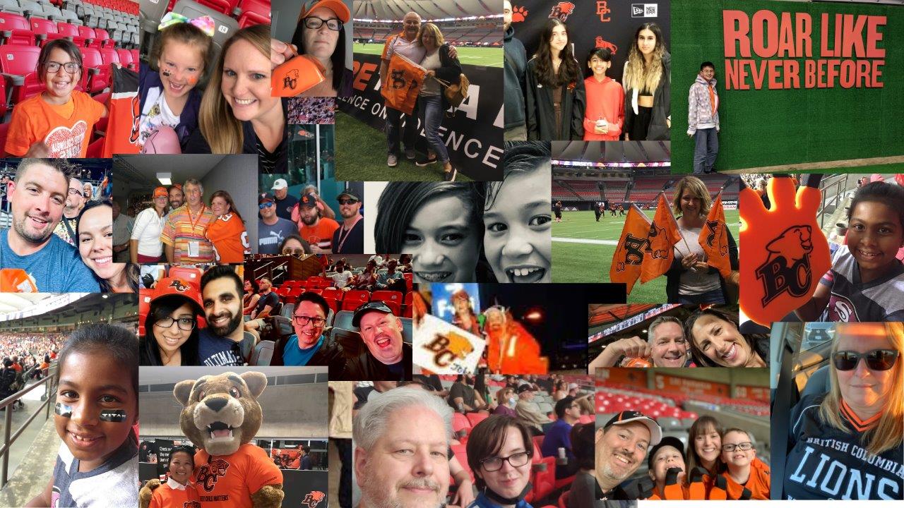 Collage of photos of MoveUP members showing off their BC Lions fandom