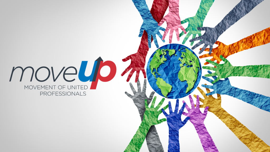 Image with MoveUP logo on the left, a globe and hands in various colours circling the globe