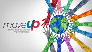 Image with MoveUP logo on the left, a globe and hands in various colours circling the globe
