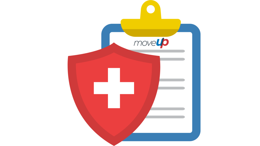 Clipboard with MoveUP logo and health shield