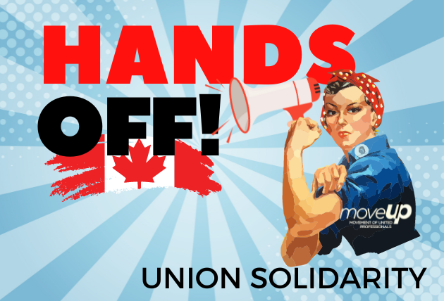 A graphic saying Hands Off - union solidarity