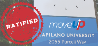 Image of Capilano University clock at the campus' main entrance with a ratified stamp and MoveUP logo superimposed above