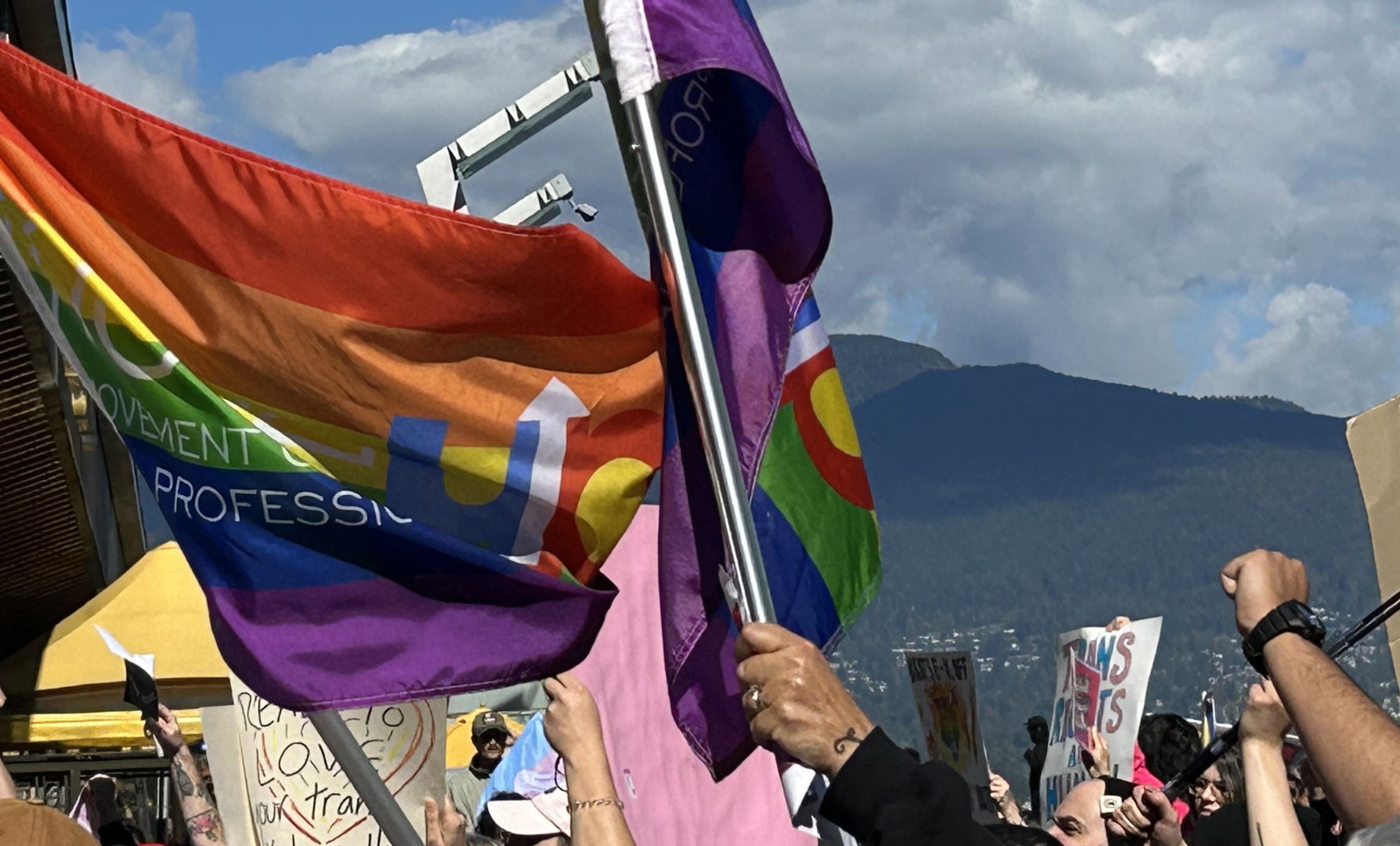 MoveUP pride flags waving at a rally