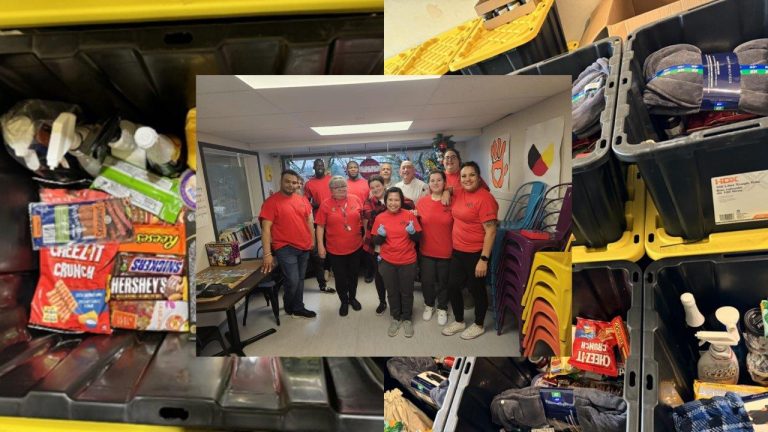 Image of Lu’ma Native Housing Society staff members overlaid on top of images of bins filled with goods