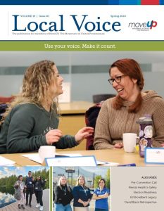 Cover of MoveUP's Local Voice Spring 2024 magazine featuring two MoveUP members smiling as they are chatting
