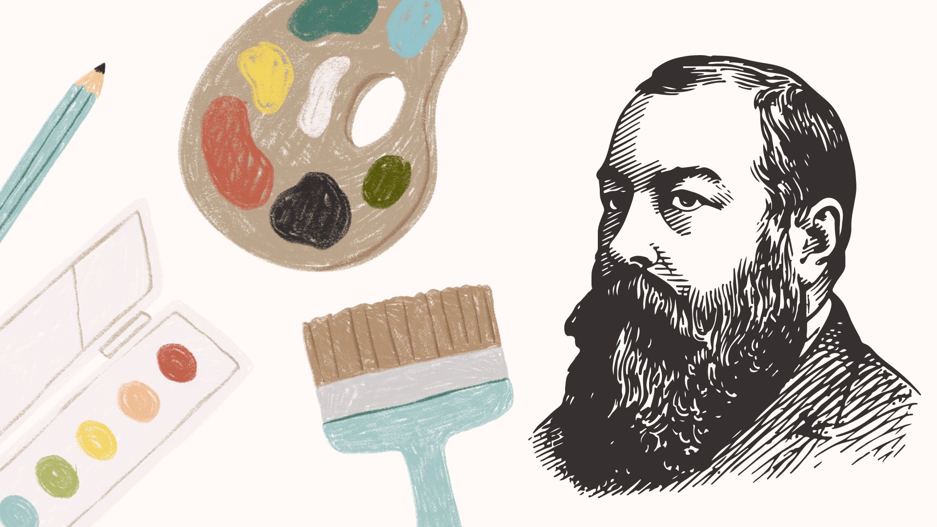 Sketch of Monet with various painting instruments