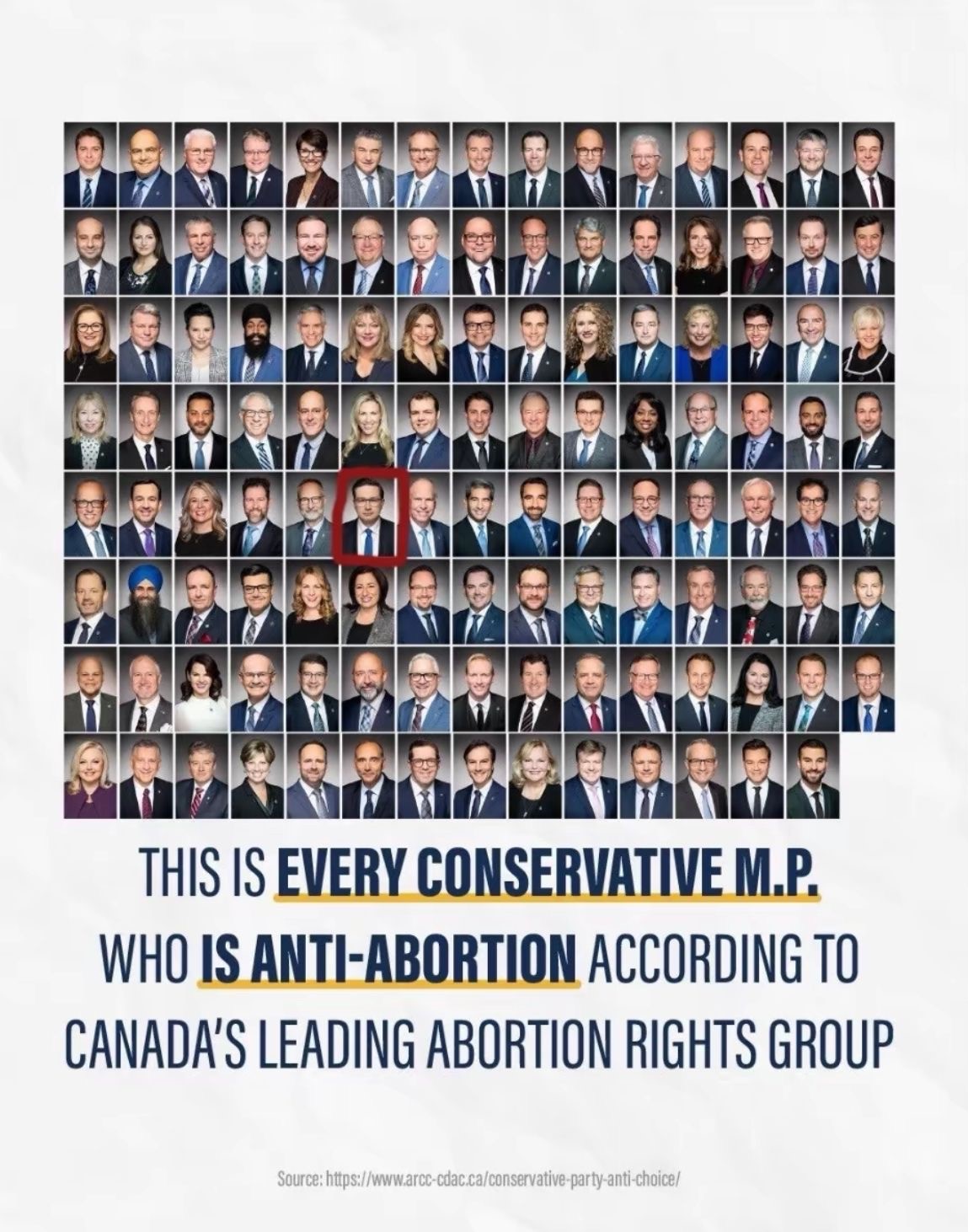 Collage of Conservative MPs with the text: This is every Conservative MP who is anti-abortion according to Canada's leading abortion rights group.