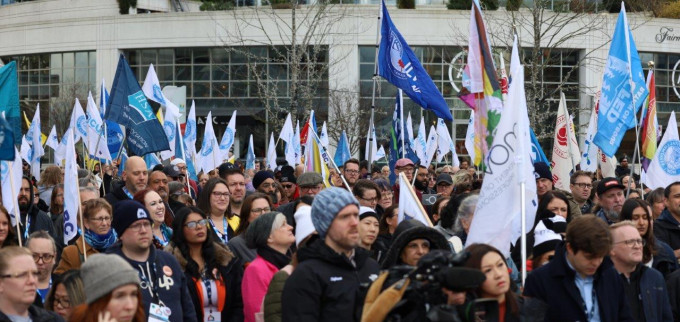 Delegates, including ones from MoveUP, at a rally in support of CUPW at the 2024 BCFED Convention