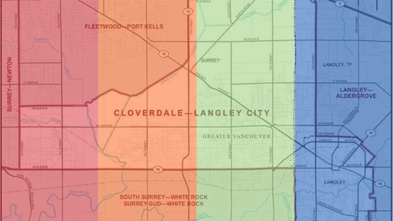 Cloverdale-Langley City riding map shared in red, orange, green and blue