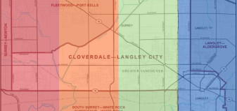 Cloverdale-Langley City riding map shared in red, orange, green and blue