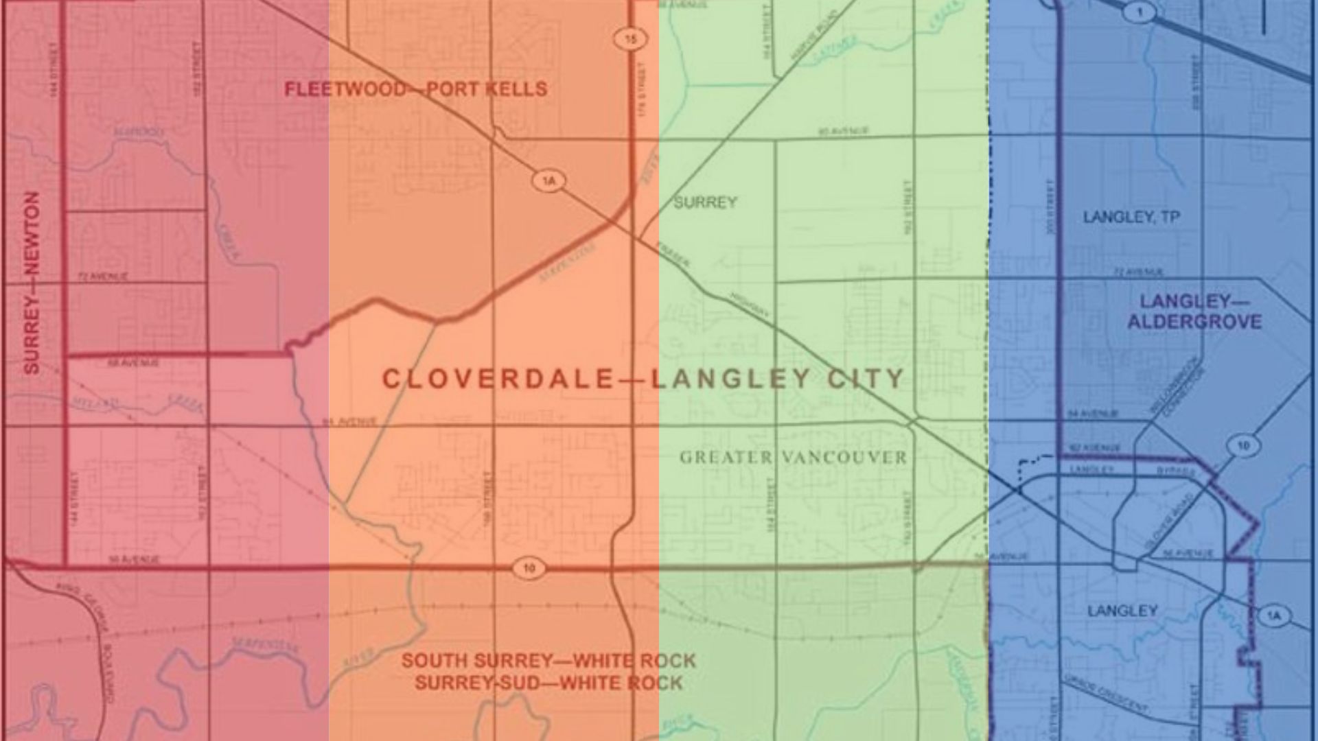 Cloverdale-Langley City riding map shared in red, orange, green and blue