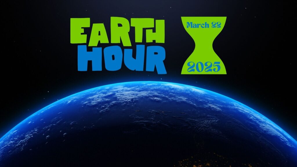 Image of Earth in space with words "Earth Hour March 22 2025" above it