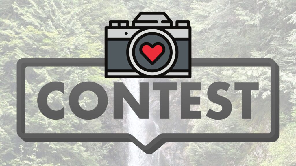 "Photo contest" graphic featuring a cartoon camera overlaid above picture of waterfall
