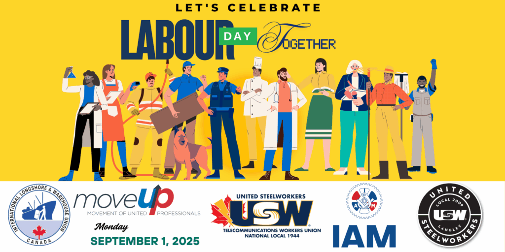 Labour Day event poster featuring cartoon images of workers and union logos
