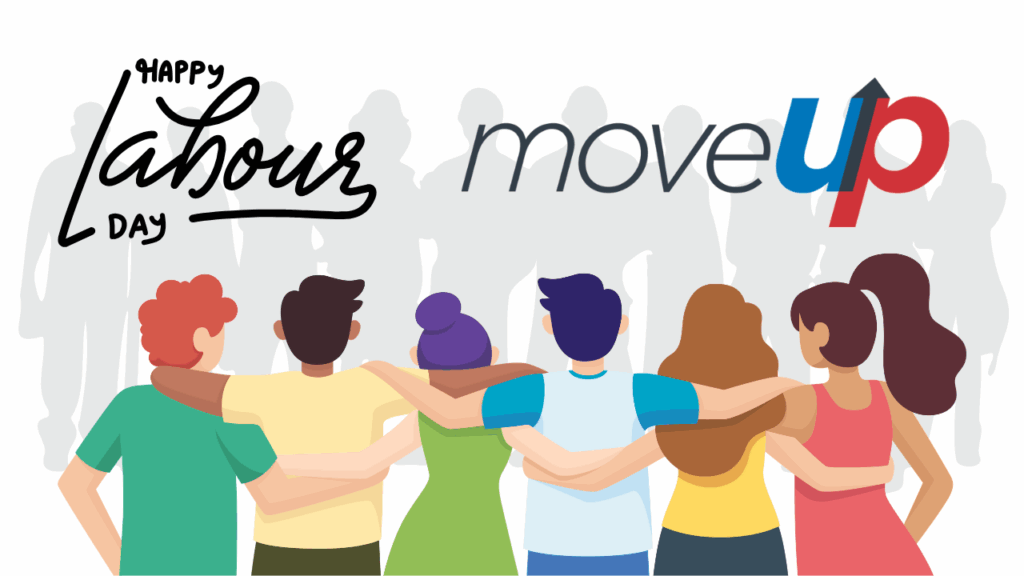 Happy Labour Day graphic showing cartoon images linking arms looking at silhouette of working people