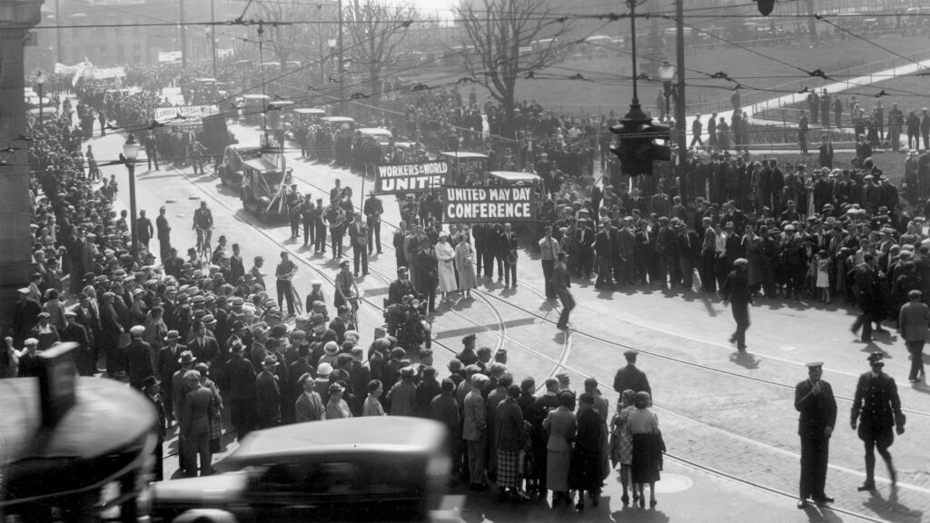 United May Day Conference Parade on Cambie Street passing Victory Square, May 2, 1936