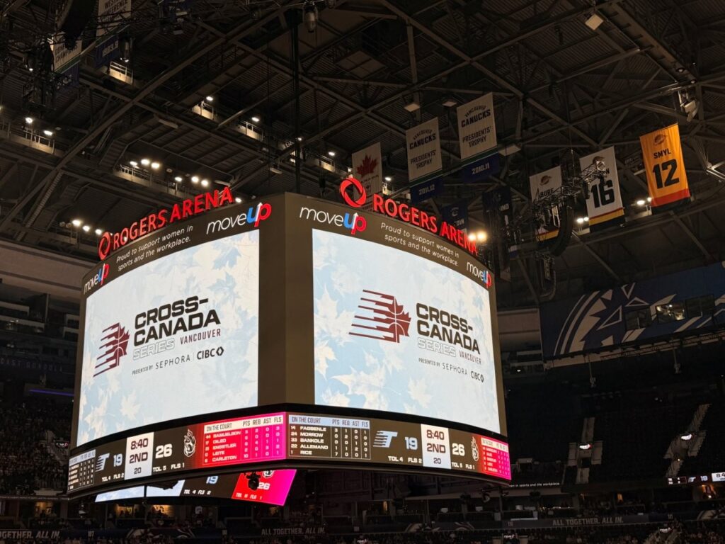 Scoreboard at Rogers Arena featuring MoveUP branding