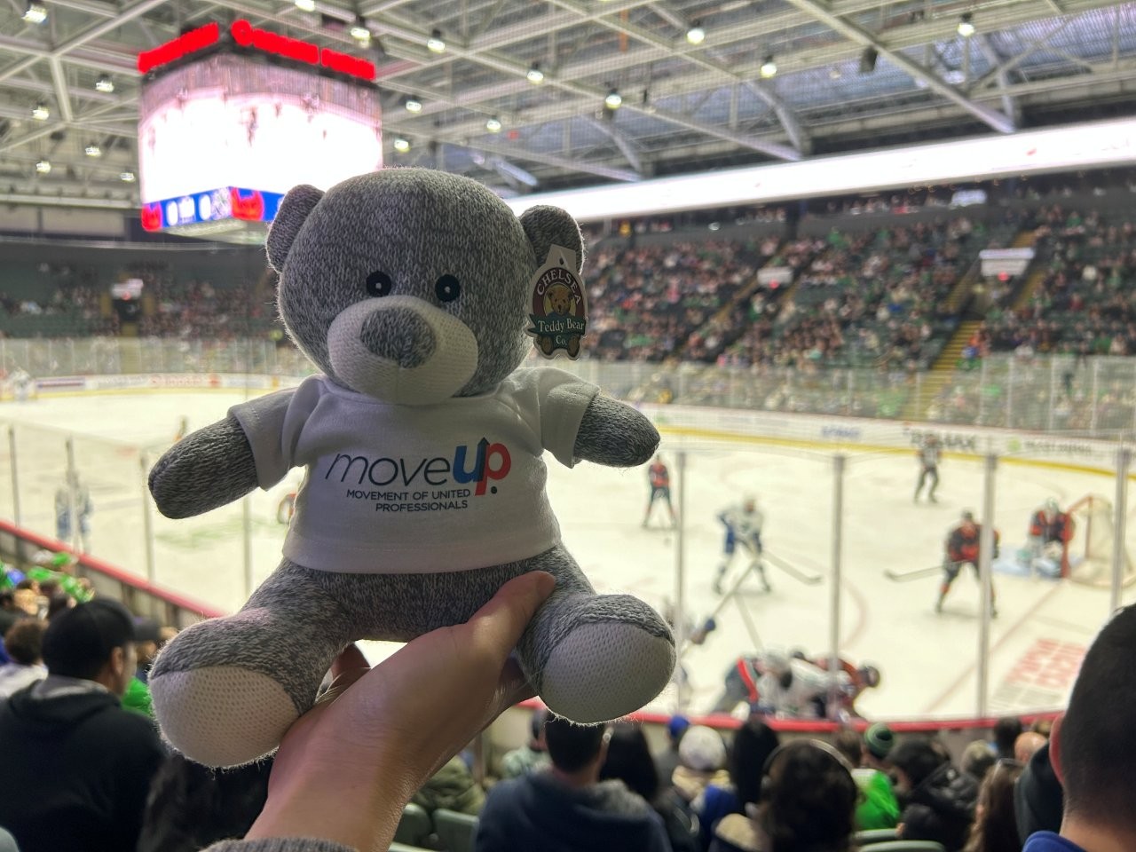 Teddy bear wearing a MoveUP tshirt with a hockey rink in the background